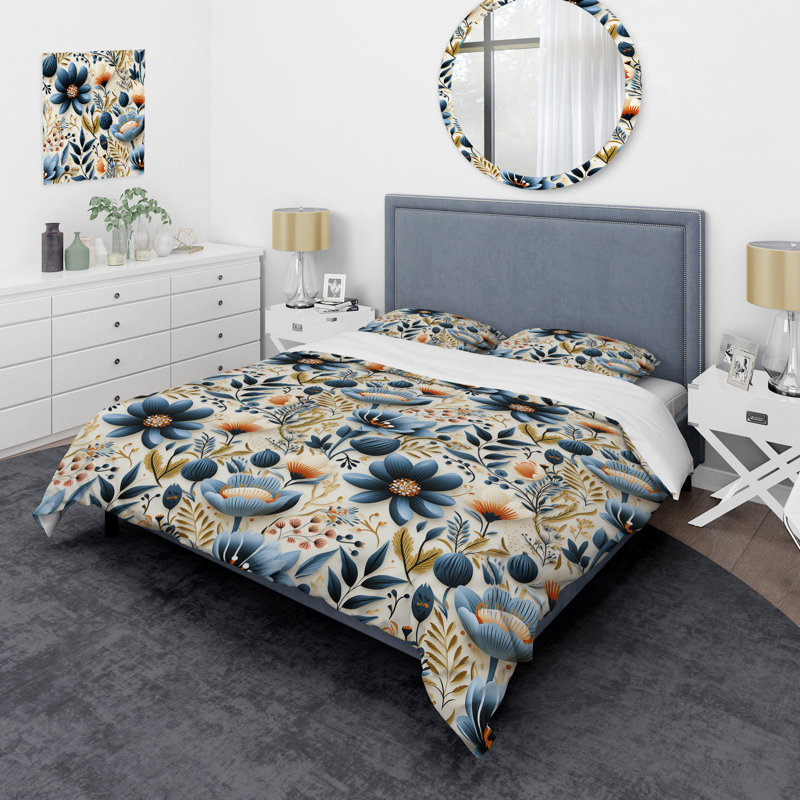 Ensemble de housse de couette à motif floral rétro bleu et orange, Housse de couette pour très grand lit et 2 très