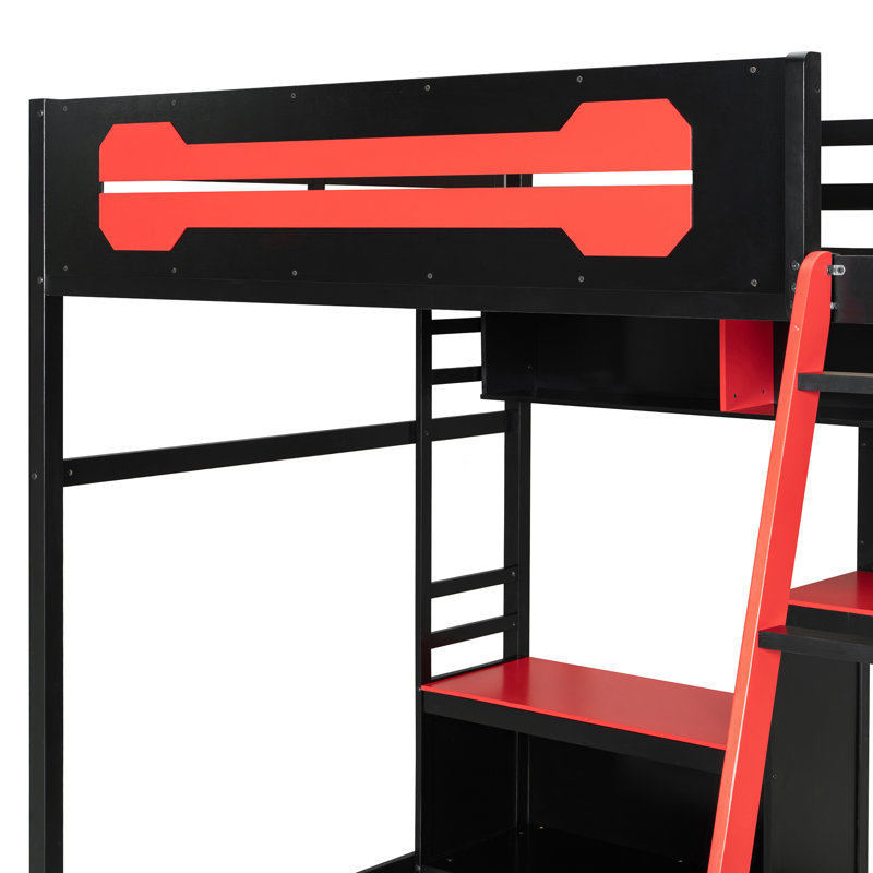 Wood Loft Bed With Desk, Black/Red