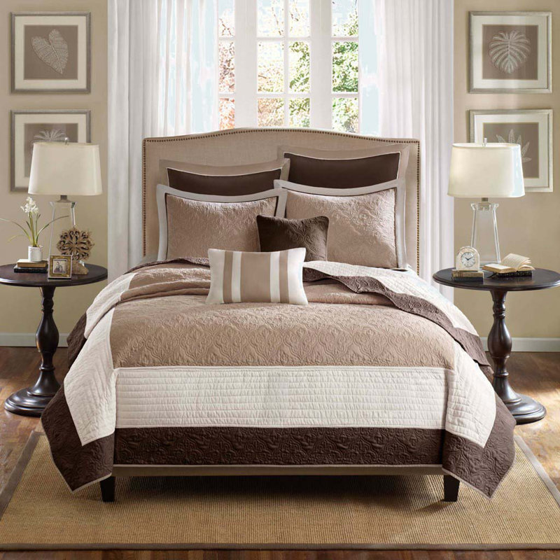 Ensemble de courtepointe 7 pièces avec taies décoratives européennes et coussins décoratifs beige double / grand, Beige