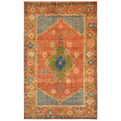 Hand Knotted Wool Oriental Area Rug in Rust/Blue/Brown