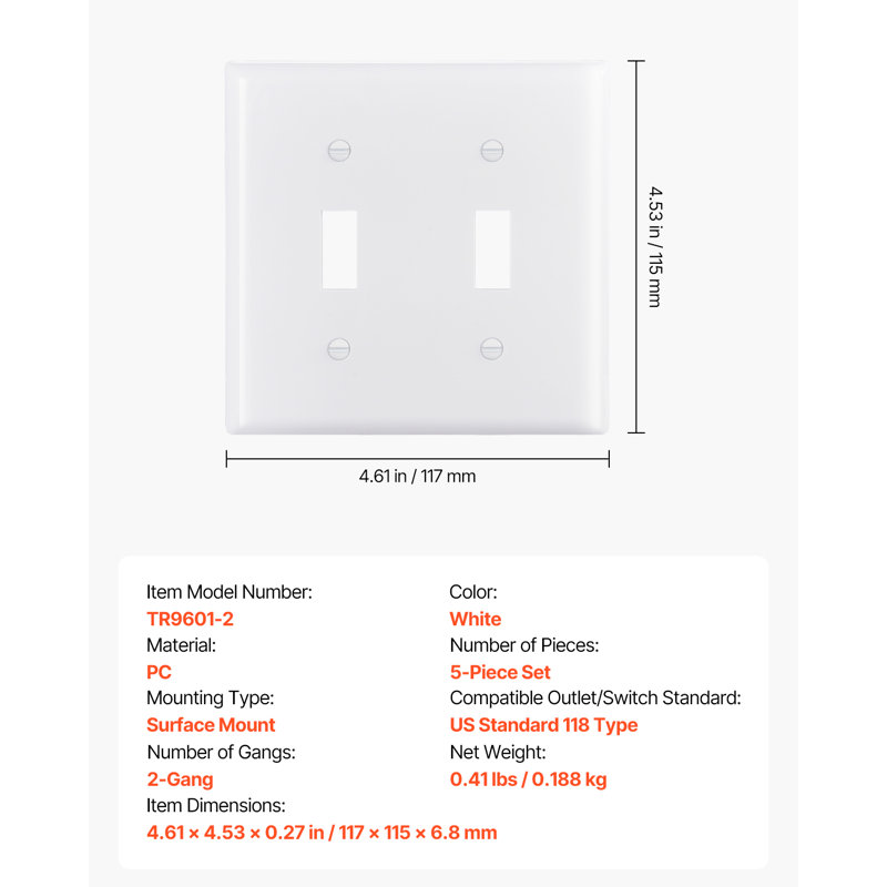 Toggle Light Switch Wall Plates, 2-Gang Switch Electrical Outlet Covers, Standard Size 4.61in L x 4.53in H Unbreakable Polycarbonate Thermoplastic Faceplate for Receptacle Outlet&Switch(5 Pack, White)
