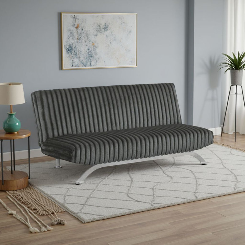 Villy Futon Sofa Bed, Chrome Metal Legs, Charcoal Channel Tuft Fabric, Charcoal Gray Fabric