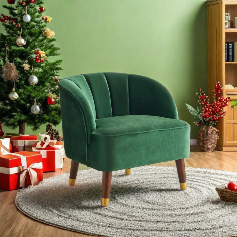 Gabrianna Upholstered Barrel Channel Chair With Wooden Legs, Emerald Velvet