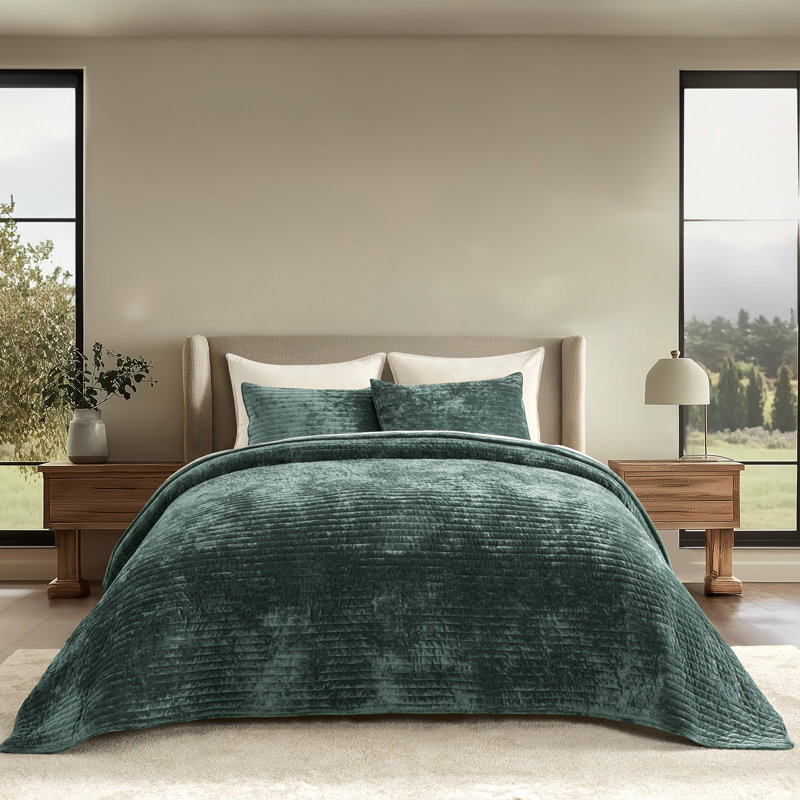Ensemble de courtepointe Luxe Velvet Channel, Courtepointe grand + 2 taies décoratives, Vert foncé