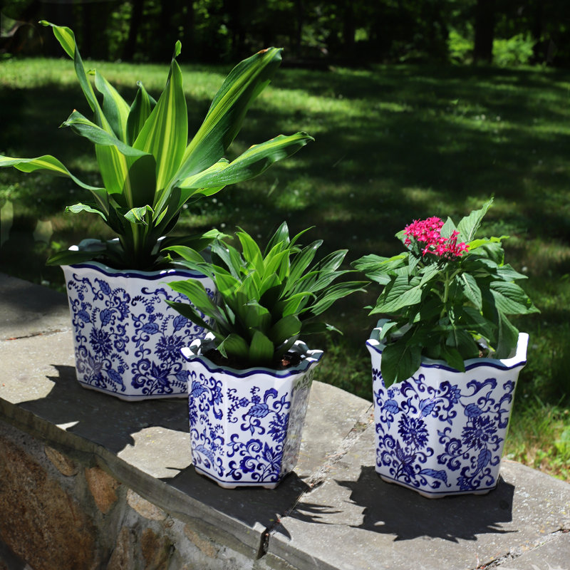 Blue Garden Blue and White Chinoiserie 3 Piece Garden Planter Set