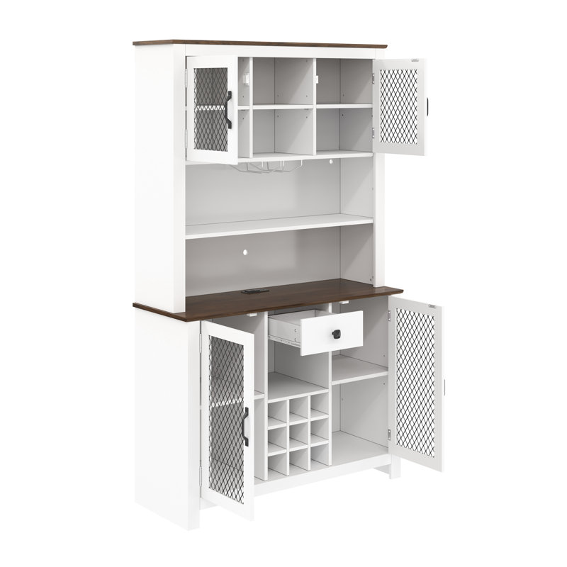 Armoire-bar Farmhouse avec portes, tiroir et étagère à vin, prises à DEL, Blanc