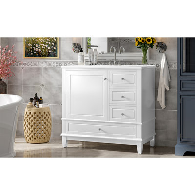 Meuble-lavabo de 36 po avec lavabo en céramique, panneau de fibres à densité moyenne et base en bois massif, 3 tiroirs et armoire avec tablettes, finition peinte en blanc, meuble-lavabo autoportant avec trous de robinet de 4 pouces