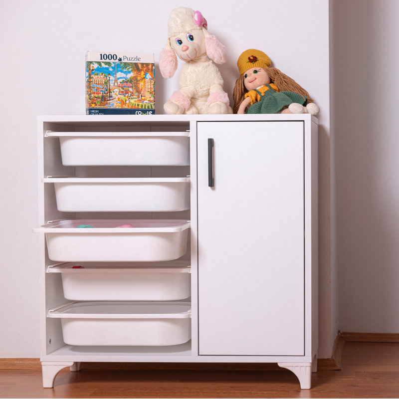 Organisateur de jouets en bois manufacturé avec 5 bacs et porte, Blanc