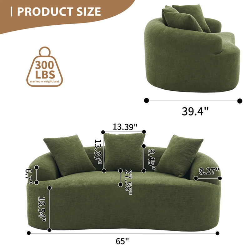 Curved Loveseat Full Compression Sponge Sofa, No-Assembly Compact Sofa For Small Spaces & Apartments, 300 Lbs Capacity, Green