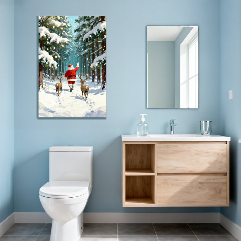 Noël père Noël marchant avec un renne dans la forêt enneigée, H 48 po x l 32 po