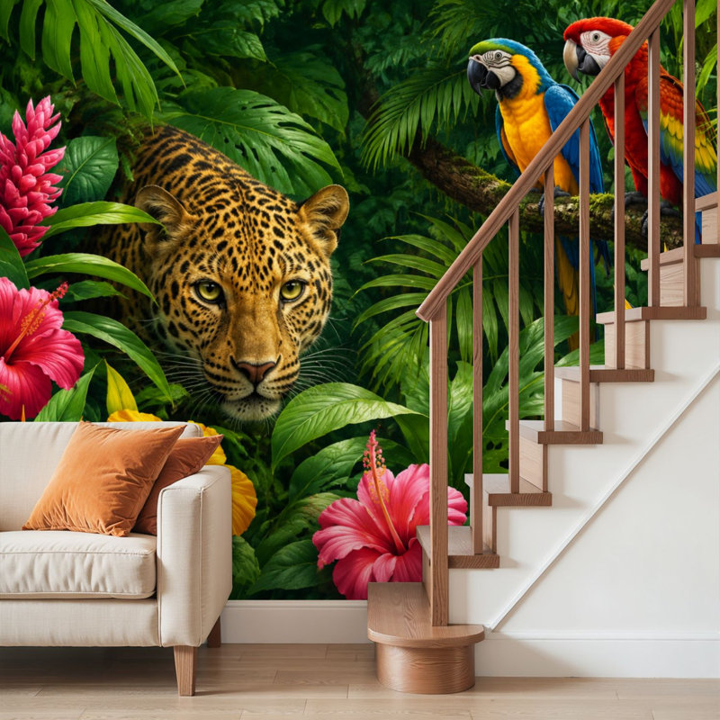 Papier peint adhésif pelez et collez sans soudure, léopards de la jungle, feuilles tropicales, fleurs, forêt exotique foncée, art mural auto-adhésif et amovible