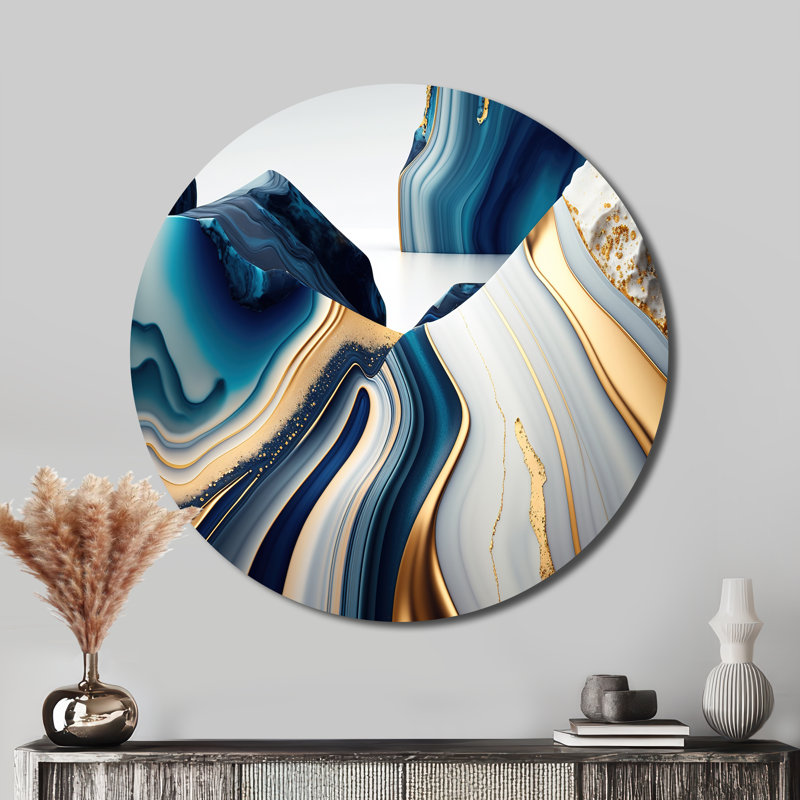 Géode abstraite, vagues bleues et dorées I - Art abstrait rond en métal, H 29 po x l 29 po