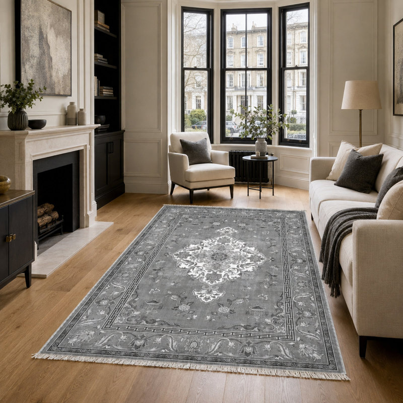 Oriental Cotton and Chenille Flatweave Area Rug, 200 cm round