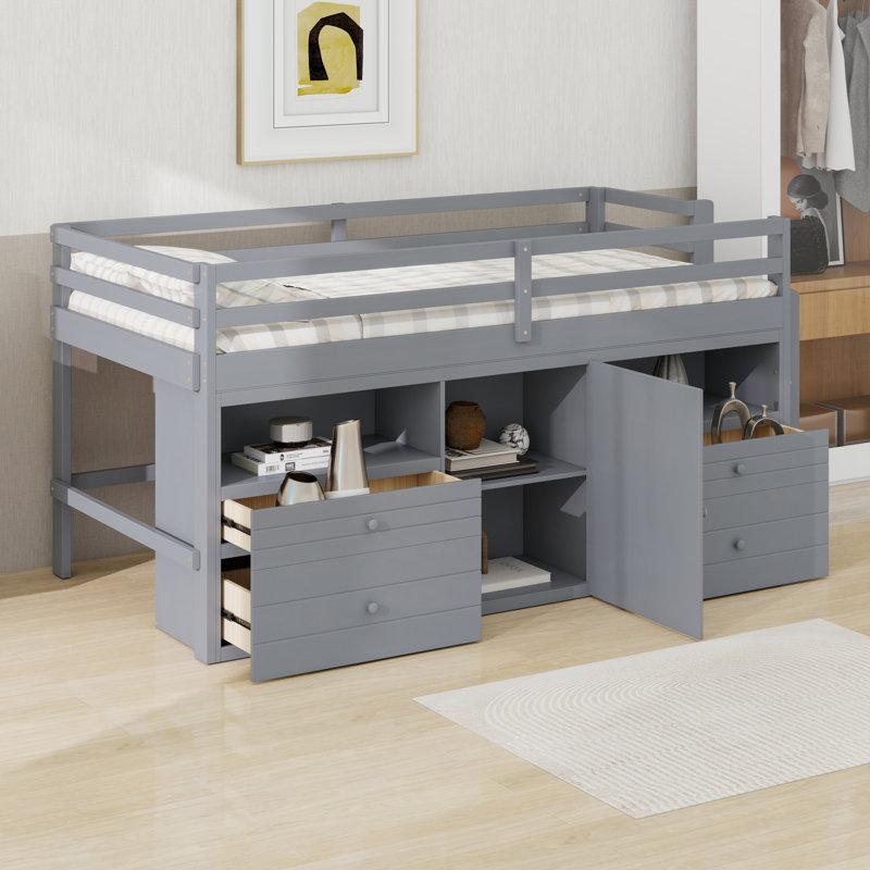 Lit mezzanine avec 4 tiroirs, sous l'armoire et les tablettes, Gris