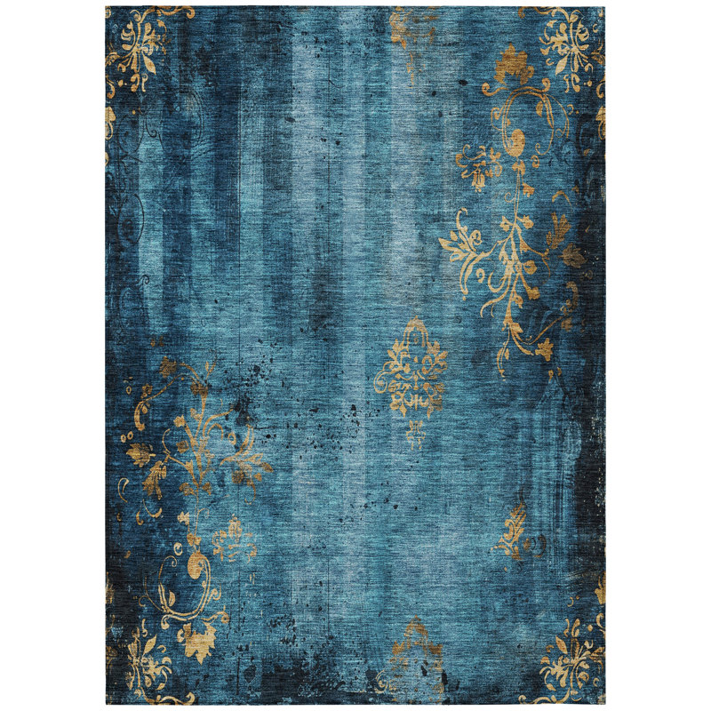 Machine Washable Indoor/Outdoor Xhevrie Blue Rug, Rectangle 2'6" x 3'10"