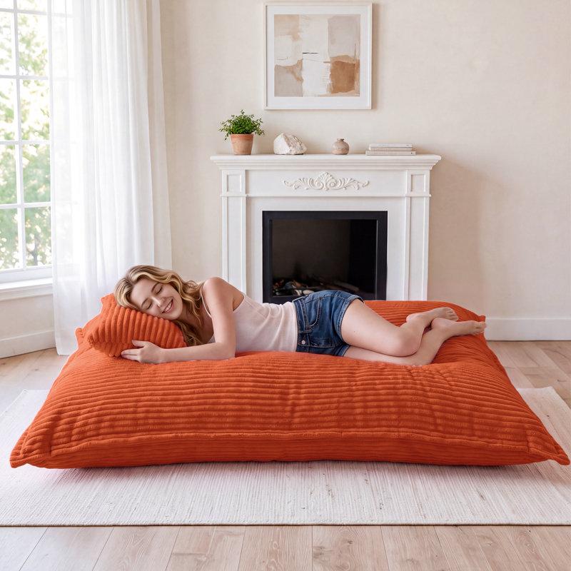 Fauteuil à billes convertible 80 po 3 en 1 avec coussin Orange, 80"W x 59"D, Velours côtelé orange