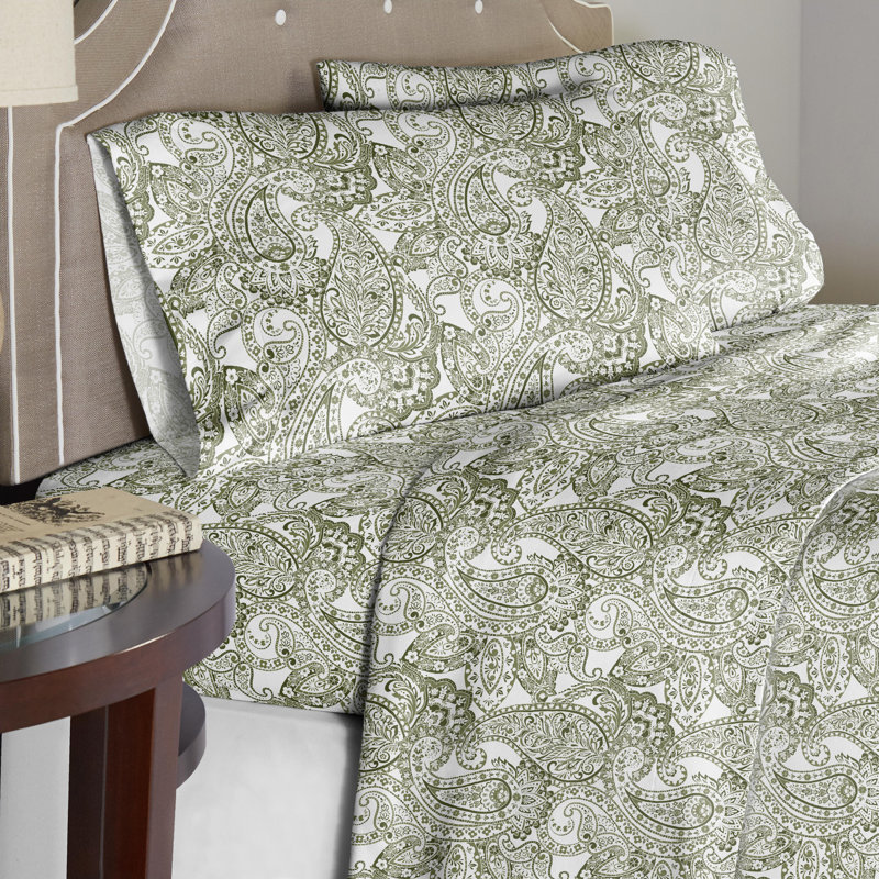 Ensemble de draps 100% coton Pointehaven, Twin XL Sheet Set, Green Paisley