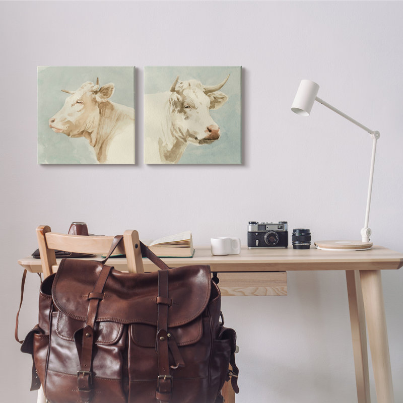 Ensemble de 2 reproductions vintage d'aquarelles vaches bovines, Toile tendue, H 17 po x l 17 po x P 1,5 po