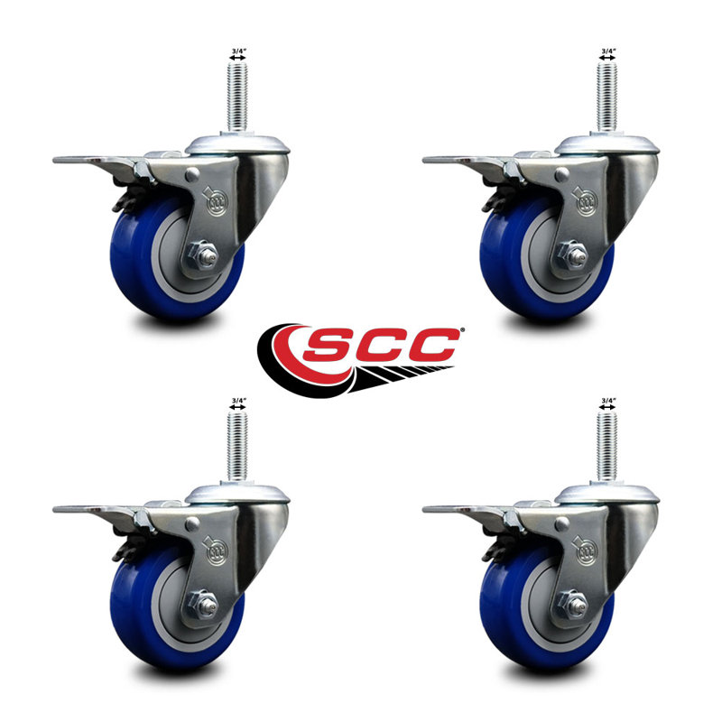 Poly Swivel 3/4 Inch Threaded Stem Caster Set with Total Lock Brake