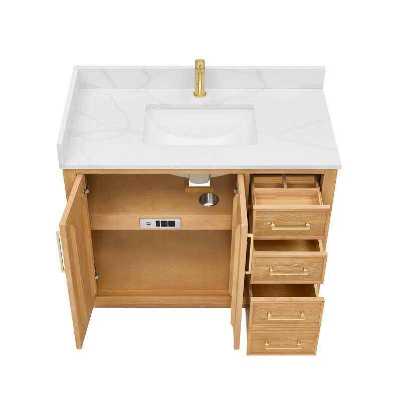 Carrasco 42" Single Bath Vanity in Oak Natural Brown with Silk White Quartz Stone Top, Oak Natural Brown, Brushed Gold