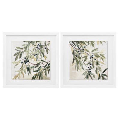 Olive Branches in Pastel, ensemble de 2 reproductions encadrées sous verre, design par Mona Grace