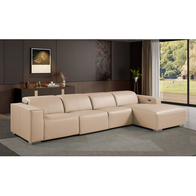 Beige Right-Facing 4-Piece L-Shaped Sectional In Genuine Leather With 3 Power Recliner & Adjustable Headrests