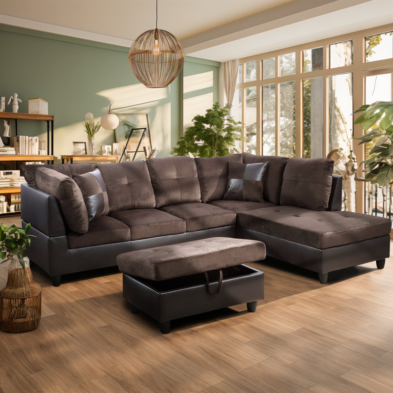 Modern Upholstery Sectional Sofa L-Shape Sofa Convertible PVC Couch Sofa with Ottoman Chaise, Light Brown Linen Blend
