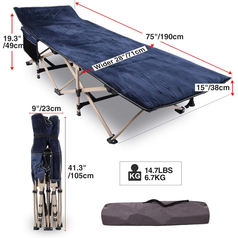 Lit de camp robuste L 75 po 2 en 1 avec surmatelas en velours moelleux, lit d'invité pliable d'une capacité de 500 lb et station de couchage de voyage, bleu