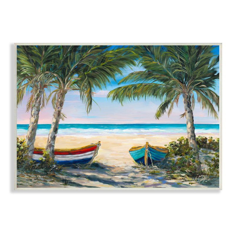 Canots à rames sur la plage, palmiers tropicaux, Plaque murale, H 10 po x l 15 po x P 0,5 po