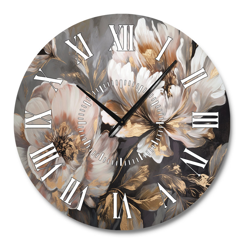 White Grey Peony Blooms In Motion IV - Floral Peony White Face Wall Clock, Large
