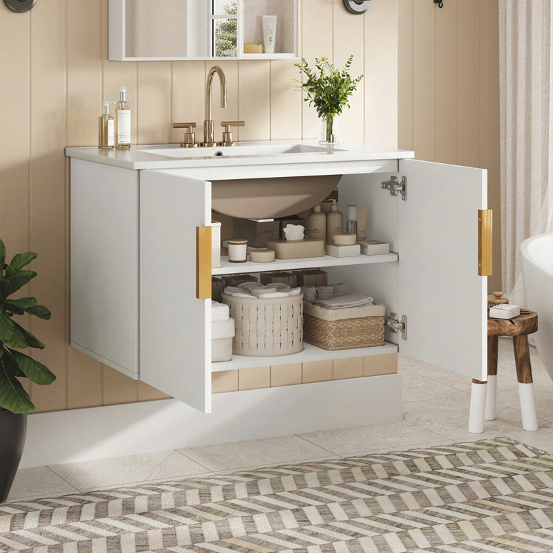 Meuble-lavabo de salle de bain vintage 30 po avec lavabo en céramique à 3 trous, meuble-lavabo de salle de bain avec 2 portes à fermeture douce