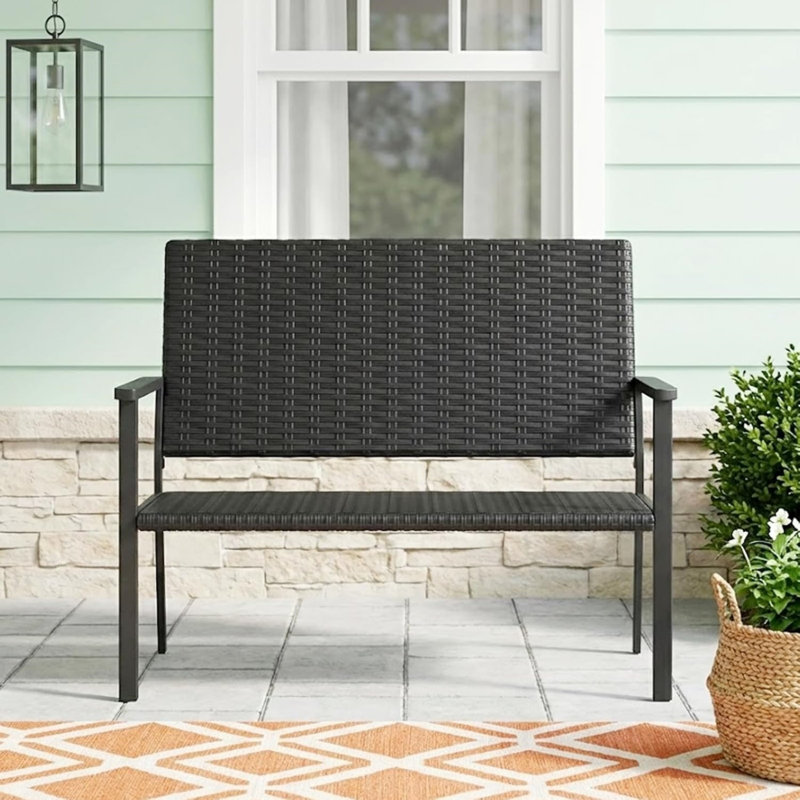 2-seater Outdoor Pe Rattan Loveseat, Sturdy Metal Frame, All-weather Patio Bench