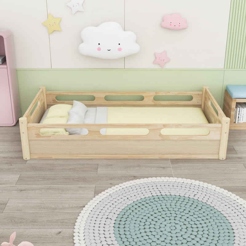 Floor Platform Bed with Guardrails, Natural, Twin
