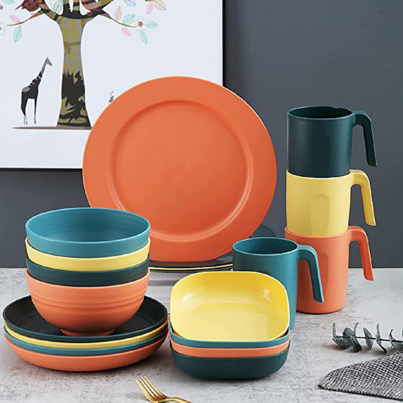 Ensembles de vaisselle en plastique (20 pièces) - Ensemble de vaisselle léger et incassable - Assiettes, bols, tasses, service pour 4, idéal pour les enfants et les adultes