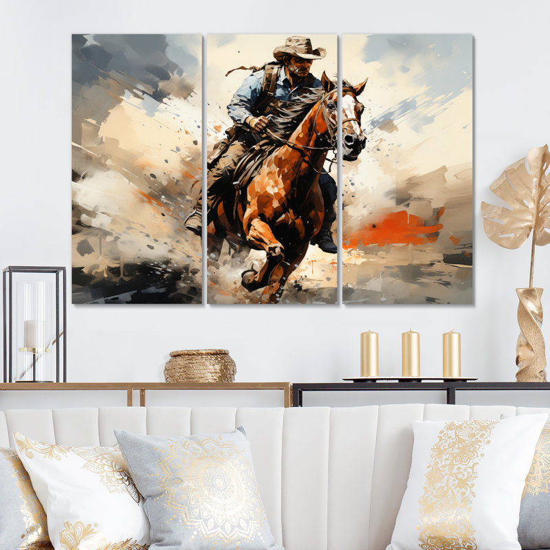 Cowboy Bronco buste sur toile, reproduction de 3 pièces, H 28 po x l 36 po x P 1 po