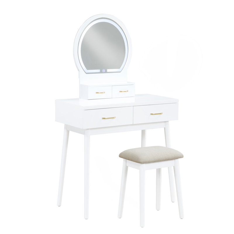 Commode de meuble-lavabo de luxe à finition blanche avec miroir et tabouret à DEL, grand rangement pour les cosmétiques et les accessoires