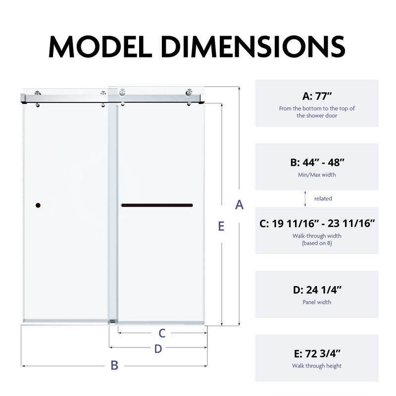 SP 44"– 48" W x 77" H Double Sliding Frameless Glass Shower Door with 3/8" (10 mm) Thick Clear Tempered Glass, Easy-Clean Coating, Stainless Steel Hardware