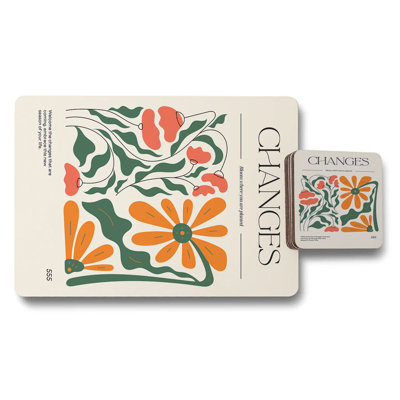 Changes Designer Placemat And Coaster Set Floral Artwork Collection With Wood Backing 12 Pieces