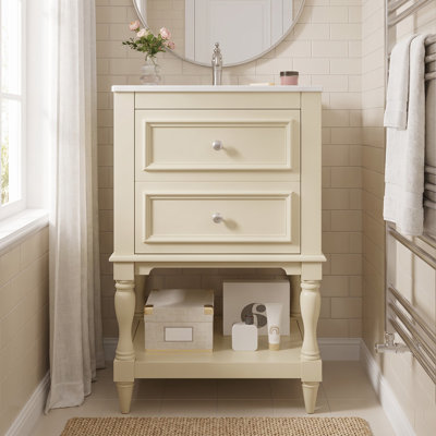 Meuble-lavabo rétro de 50 cm avec lavabo en céramique, tiroir basculant, tiroir en U et tablette de rangement ouverte – Meuble de style palais pour salle d'eau et salle de bain