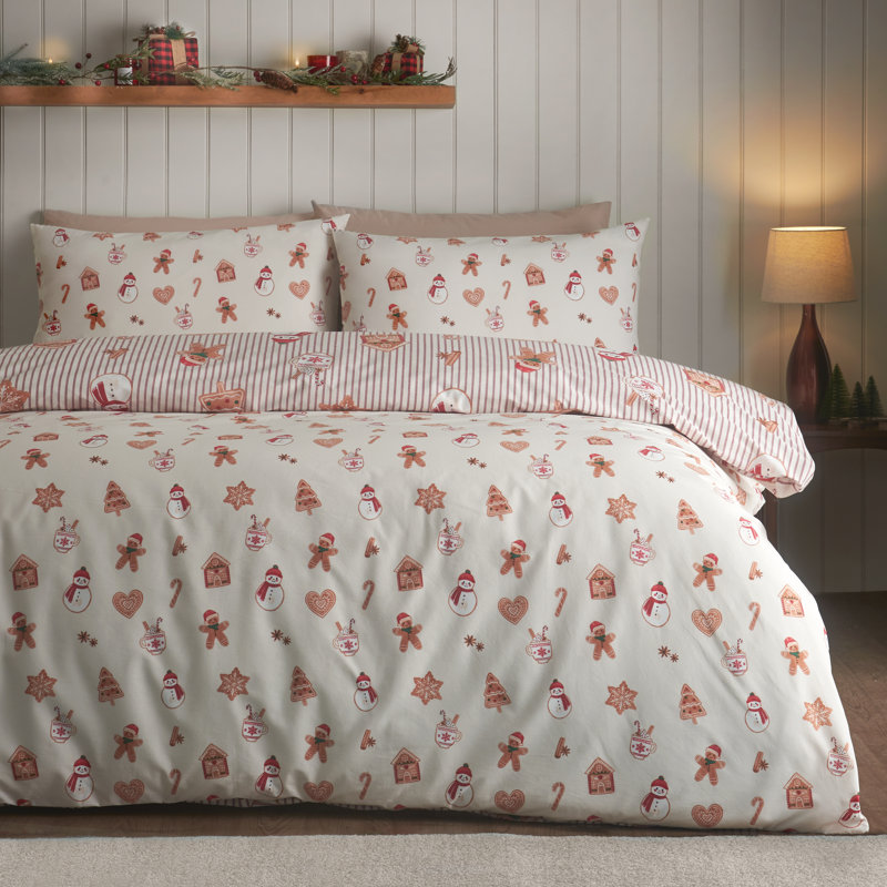 Christmas Gingerbread Stripe Reversible Duvet Cover Set, Double Bed (200 x 200 cm)
