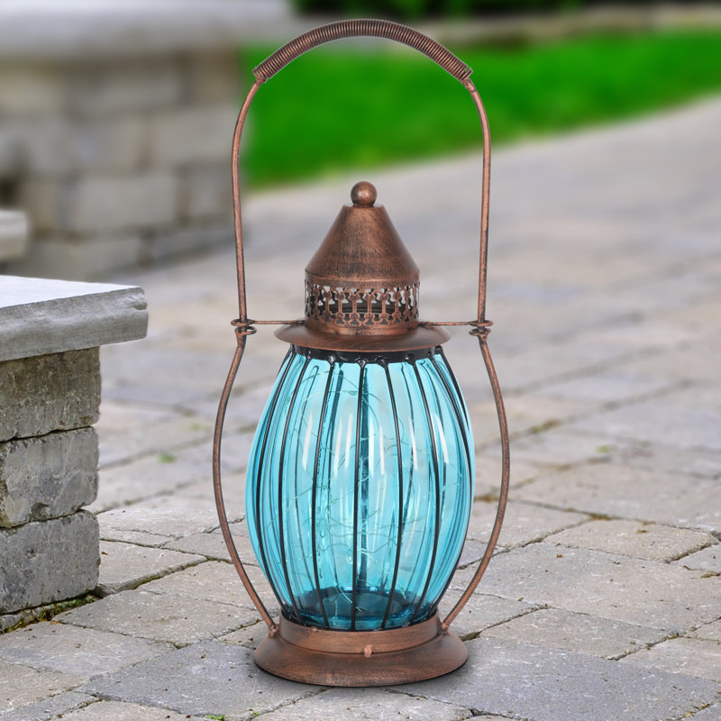 Exhart Solar Antique Metal and Glass Accent Lantern with Fifteen LED Fairy Firefly String Lights, 7 by 14", Blue