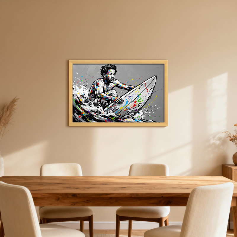 Surfer Riding Wave With Colorful Splashes, 16" H x 24" W, Light Wood Grain, Single Picture Framed