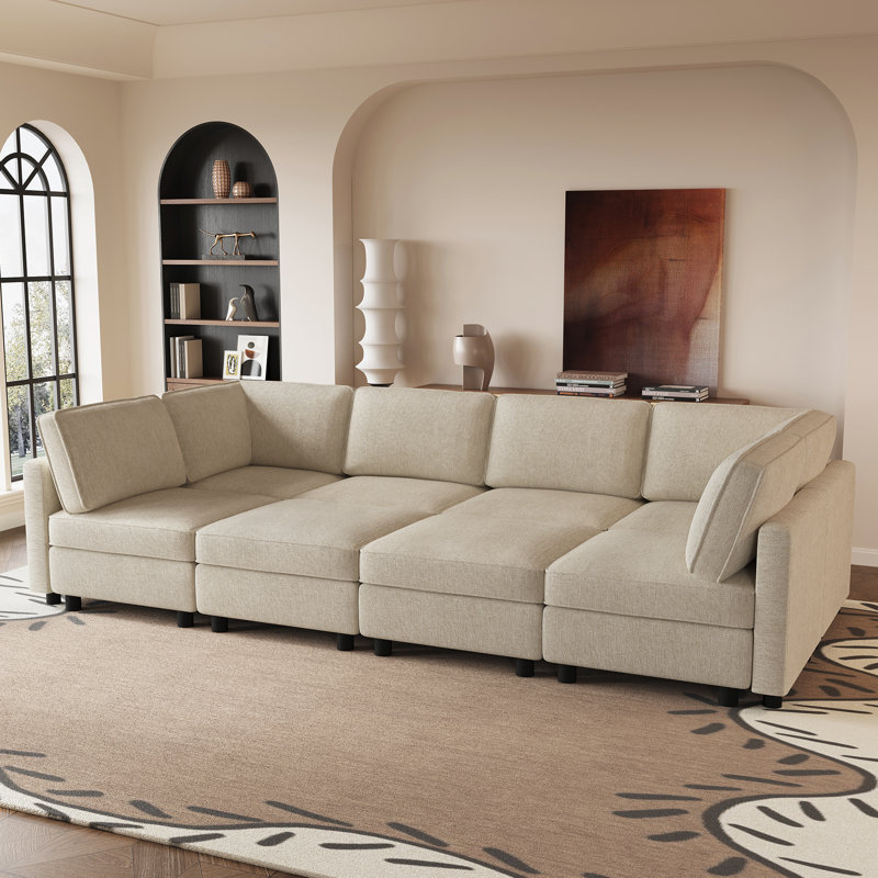 Canapé droit modulaire avec rangement pour grand salon à aire ouverte, Mélange de polyester beige