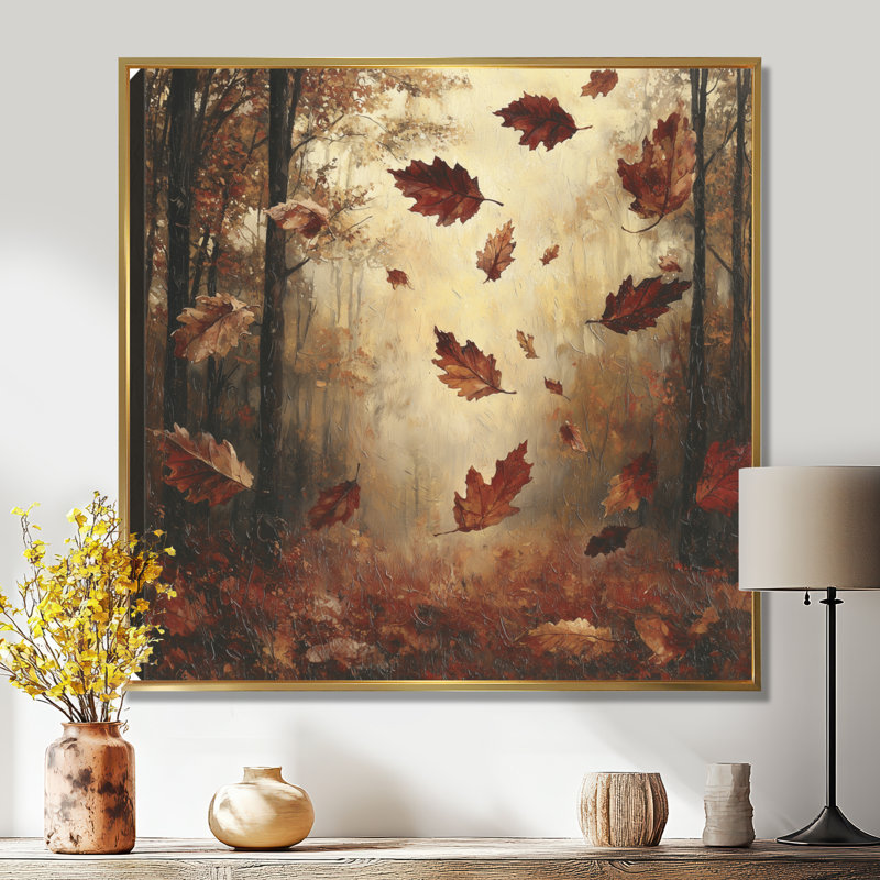 Brown Falling Oak Leaves - Leaves Wall Decor, 30" H x 30" W, Floater Framed Print, Gold