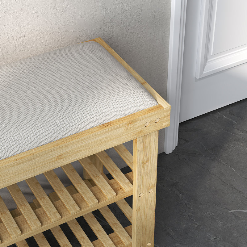 Bamboo Shoe Bench, 3-Tier Entryway Bench With Storage And Cushion, Shoe Organizer For Entryway, Hallway, Holds Up To 331 Lbs, 35.4 X 11.4 X 19.3 Inches, Cream White