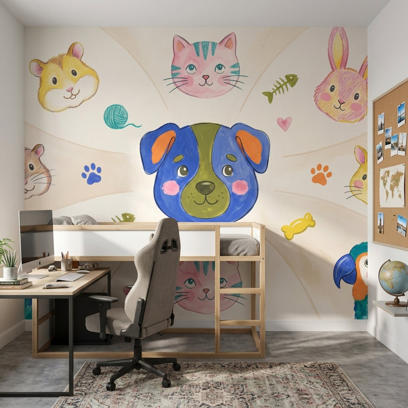 Papier peint pour enfants, animaux de compagnie, animaux mignons, 140 po x 108 po, Peler et coller