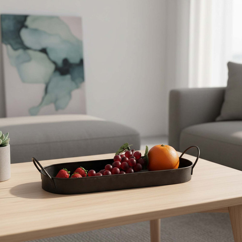 Industrial Style Galvanized Metal Tray with Handles Rustic Decorative Oval Serving Organizer for Coffee Table Home
