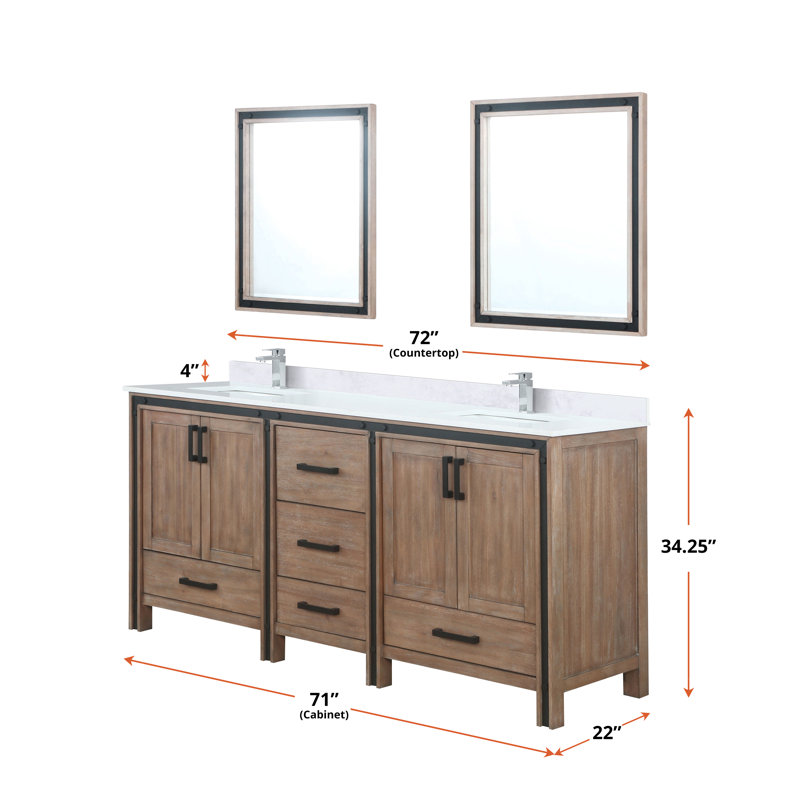 Meuble-lavabo double l 72 po x P 22 po avec plateau blanc et miroirs 30 po Ziva, Blanc, Quartz blanc
