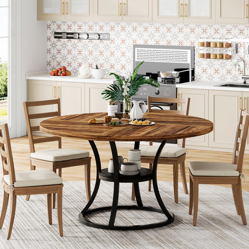  Round Dining Table for 4-6, 47 inch Wood Dining Room Table with Storage Shelf, Brown， No Chairs, Brown, Black