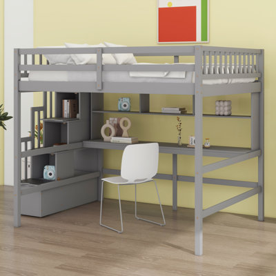 Loft Bed With Desk, Storage Shelves And Staircase